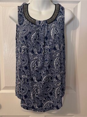 Magnolia Grace Amal Paisley Top Women's Small Blue Beaded Neckline Blouse